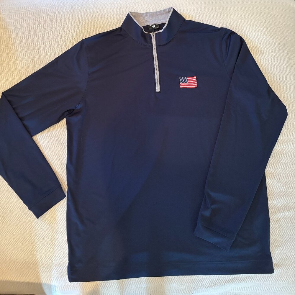 FootJoy Mens Quater Zip Pull Over Navy with American Flag Embroidered - $55